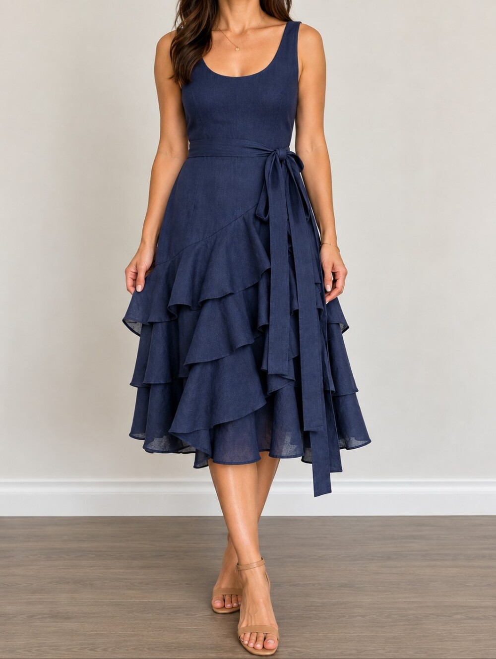 LAUREN RALPH LAUREN NAVY 100% LINEN ASYMMETRIC RUFFLE TIERED BELTED DRESS SIZE 6